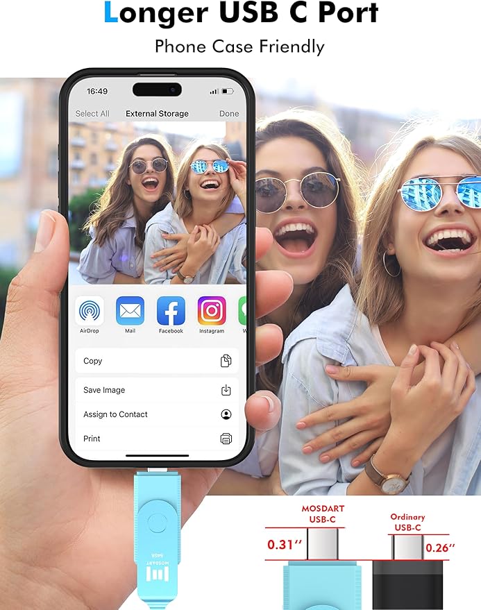 MOSDART 64GB USB3.1 Fast Speed C and A Dual Flash Drive, exFAT Memory Stick with Keychain and LED Indicator, for iPhone 15 and 16, Android Phone, iPad, MacBook, and Other Laptops, Sky Blue