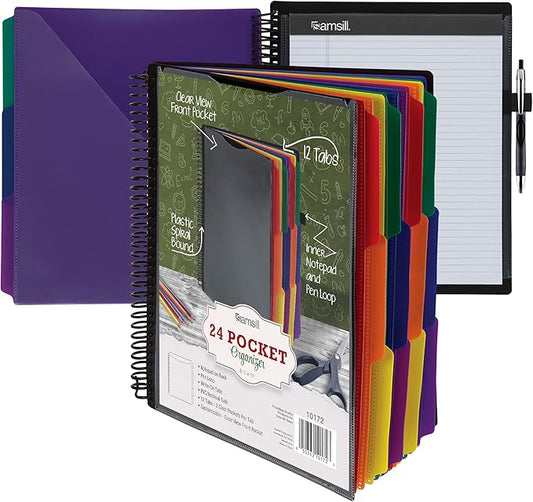 Samsill Deluxe 24 Pocket Spiral Project Organizer with Refillable Notepad Holder, Customizable Front Cover, 12 Dividers with Erasable Write-On Tabs in Assorted Colors, Plastic Folders with Pockets
