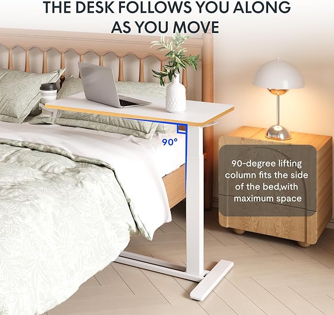 FLEXISPOT H7 Adjustable Overbed Bedside Table with Wheels Pneumatic Mobile Standing Laptop Desk Rolling Computer Cart Movable Overbed Table Hospital Home Use (31.5" W x 17.7" D, White Maple Large)