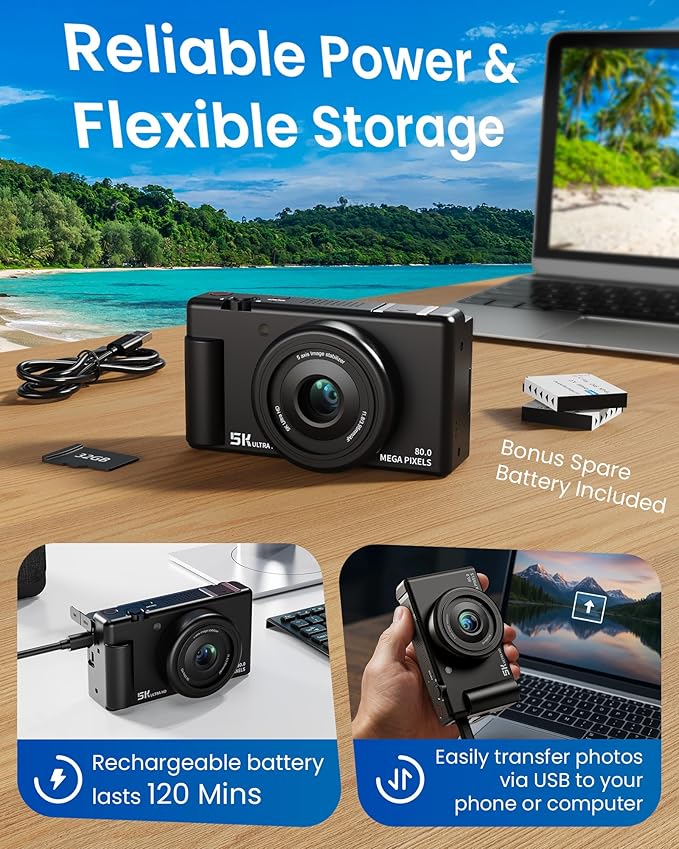 True 5K Digital Camera for Photography, Autofocus 80MP with 18X Digital Zoom 3" 270°Flip Screen Dual-Lens Selfie Camera for YouTube Vlogging & Content Creation, 2 Batteries, 32GB Card & Flash，Black