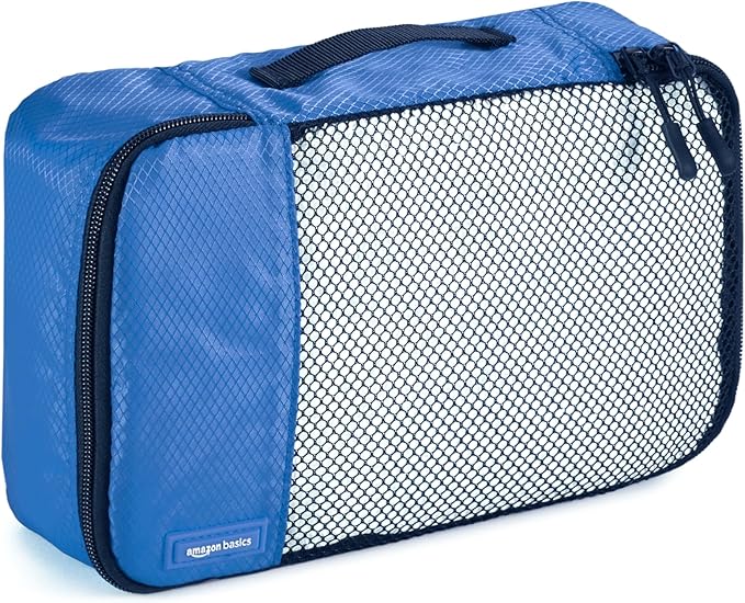 Amazon Essentials 4-Piece Packing Cubes Travel Accessories Set, Luggage Organizer with Double Zipper, Mesh Top, 100% Polyester, Small/Medium/Large/Slim, Blue (Previously Amazon Basics)