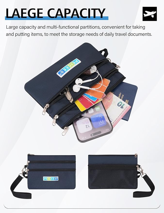 Peicees World Travel Essentials Currency and Passport Organizers Cash Cards Tickets Holder RFID Blocking Wallet, Dark Blue