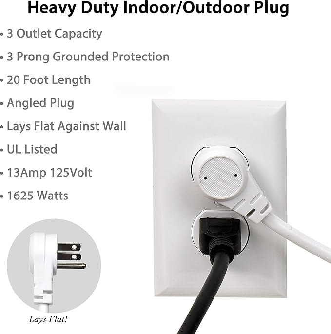 Flat Multiple Outlet Extension Cord 20 Ft for Indoor Use by Electes- UL-Listed 3-Prong Multi Extension Wire- Space-Saving Flat Angled Extension Cord- White