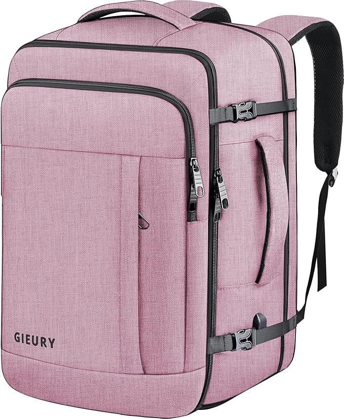 Carry On Backpack, 40-50L Travel Backpack for Men & Women, Expandable Backpack For Airplanes, 17 Inch Laptop Backpack, Luggage Suitcase 40L Daypack Lightweight Business Weekender Bag, Light Pink