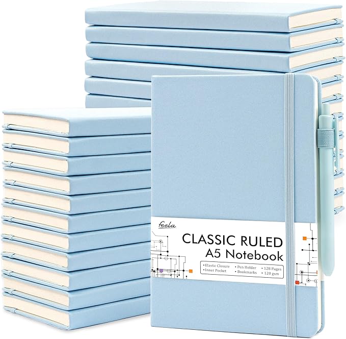 feela 24 Pack Journal Notebook for Work, Business Notebook Bulk Hardcover Lined Writing Journal with Pen Holder for Men Women Note Taking, with 24 Black Pens, 120 GSM, 5.1”x8.3”, A5, Light Blue