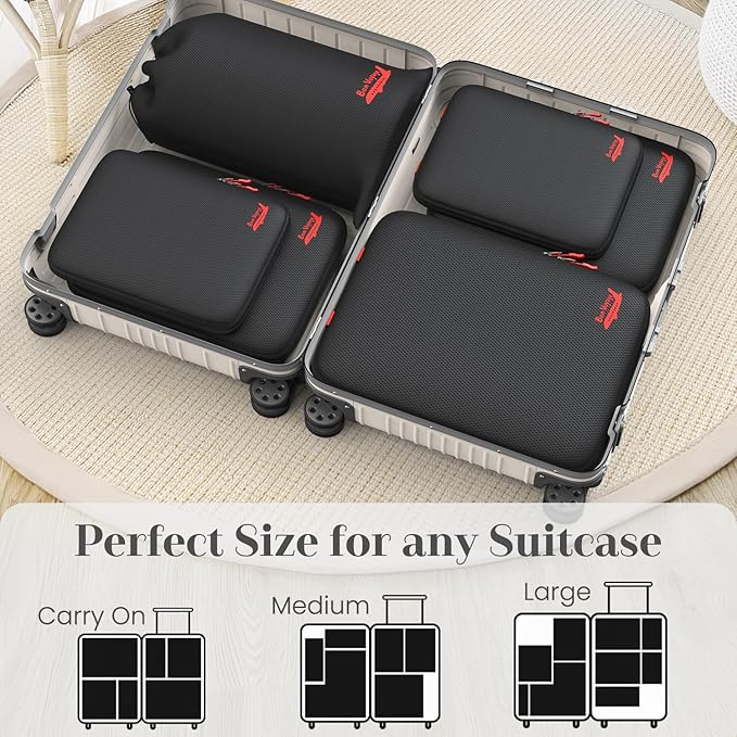 6 Set Compression Packing Cubes for Travel, 3 Sizes (5+1) for Carry-On Travel, Waterproof Compression Packing Cubes Set with Laundry Bag & Luggage Organizer (Black)