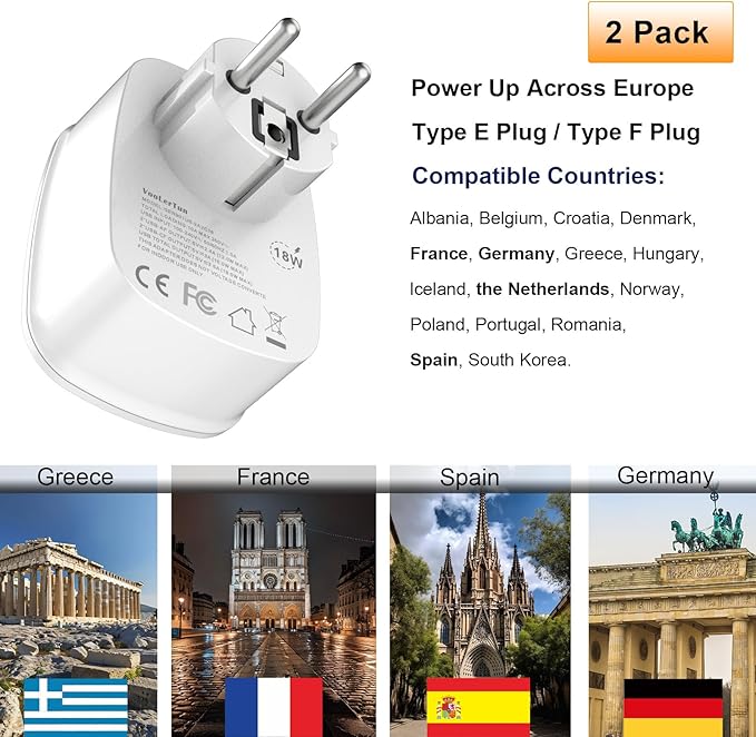 2 Packs Type E F France Plug Adapter, VooLerTun Germany Travel Adapter with 4 USB Charger Ports (2 USB C), 1 American Outlet Adapter. US Converter for EU European Travel Essential