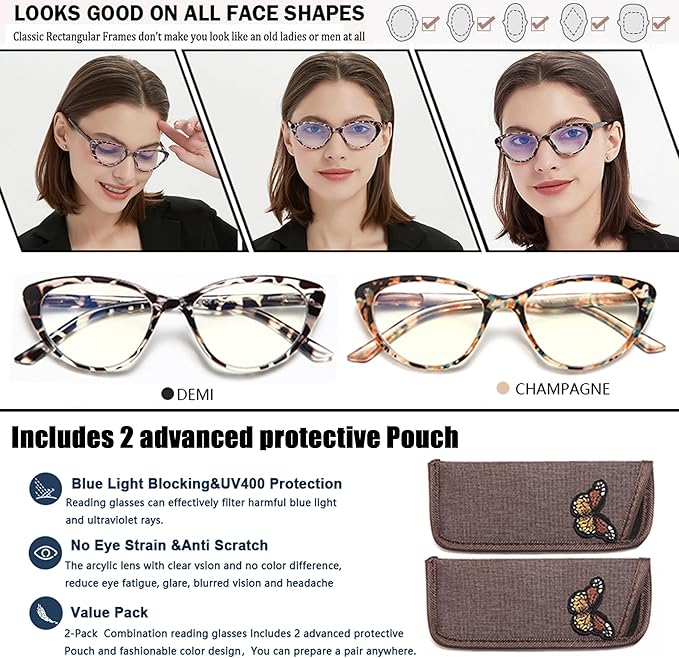 EYEURL Cat Eye Reading Glasses for Women -2 Pack of Blue Light Blocking Readers Spring Hinge Computer Eyeglass with Tortoise/Champagne Pattern Design Readers for women +1.25