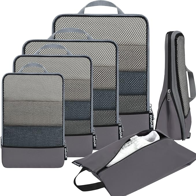 BAGAIL 4 Set/6 Set/8 Set Compression Packing Cubes Travel Accessories Expandable Packing Organizers (Half Mesh, 6-Dark Grey)