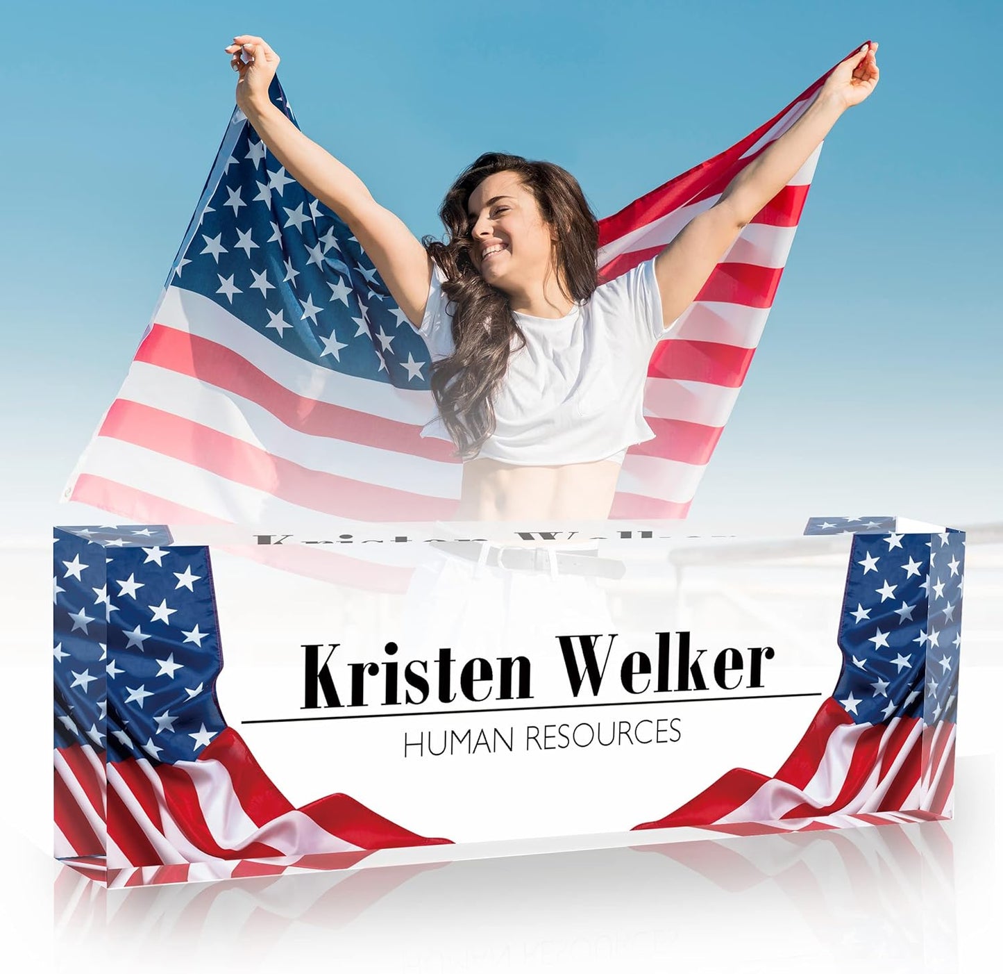 Name Plate for Desk, Desk Name Plate Personalized Office Desk Decor for Women Men, Acrylic Desk Accessories with US Flag, The Office Gifts Employee Appreciation Gifts for Boss, Manager, Teacher, Nurse