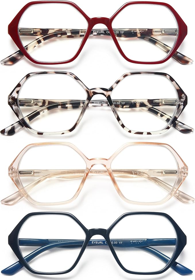 EYEURL 4-Pack Reading Glasses for Women Blue Light Blocking Reading Glasses Vintage Design Diamond-Shaped Frame Spring Hinge Readers for Women Men Anti Glare Filter Lightweight Eyeglasses,0.75