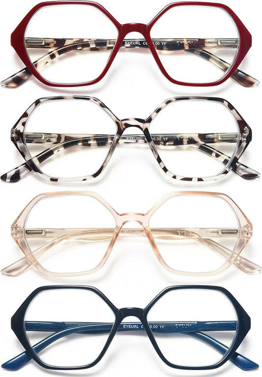 EYEURL 4-Pack Reading Glasses for Women Blue Light Blocking Reading Glasses Vintage Design Diamond-Shaped Frame Spring Hinge Readers for Women Men Anti Glare Filter Lightweight Eyeglasses,0.0
