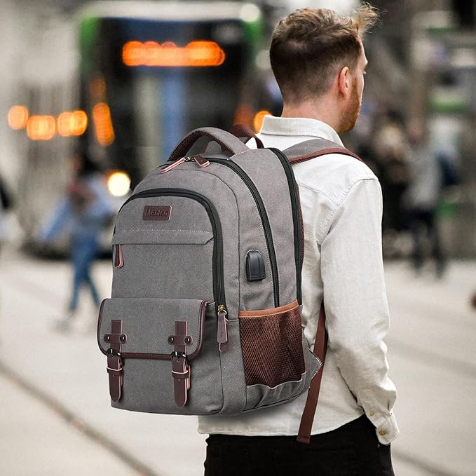 Mactso Canvas Travel Laptop Backpack for Men Women, Business Work Rucksack College School Computer Bag Fits 15.6 Inch Notebook,Bookbag with USB Charging Port (Grey, 15.6 Inch)