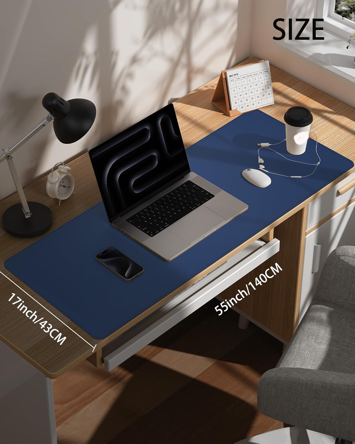 Extra Large Desk Pad Mat - Waterproof Mouse Pad & Desk Protector, Non-Slip XXL PU Leather Gaming Mat for Keyboard/Mouse, Stitched Edge with Ergonomic Support, 55"x17" (Blue)