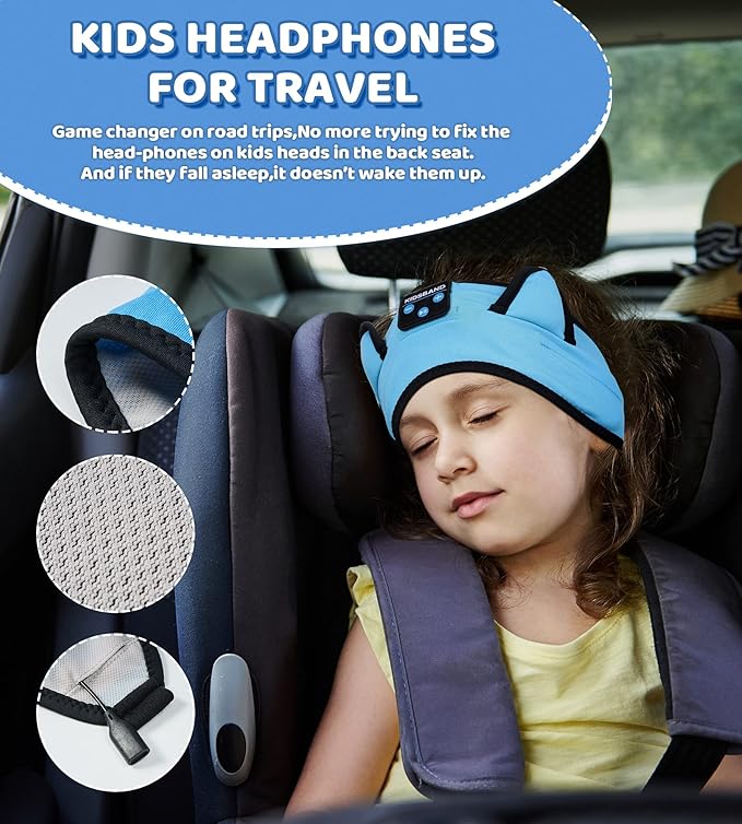 KIDSBAND Kids Headphones Bluetooth Headband Adjustable, Wireless Sleep Headphones for Kids with Wired Playback 3.5 MM Jack for Teens/Boys/Girls/Smartphones/School/Kindle/Airplane Travel/Plane/Tablet