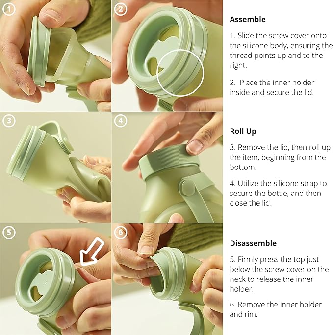 BLUE GINKGO Collapsible Water Bottle [2-Pack] – Lightweight, Foldable Silicone Bottles for Travel, Hiking, and Camping (16.9oz, Made in Korea, Olive Green)