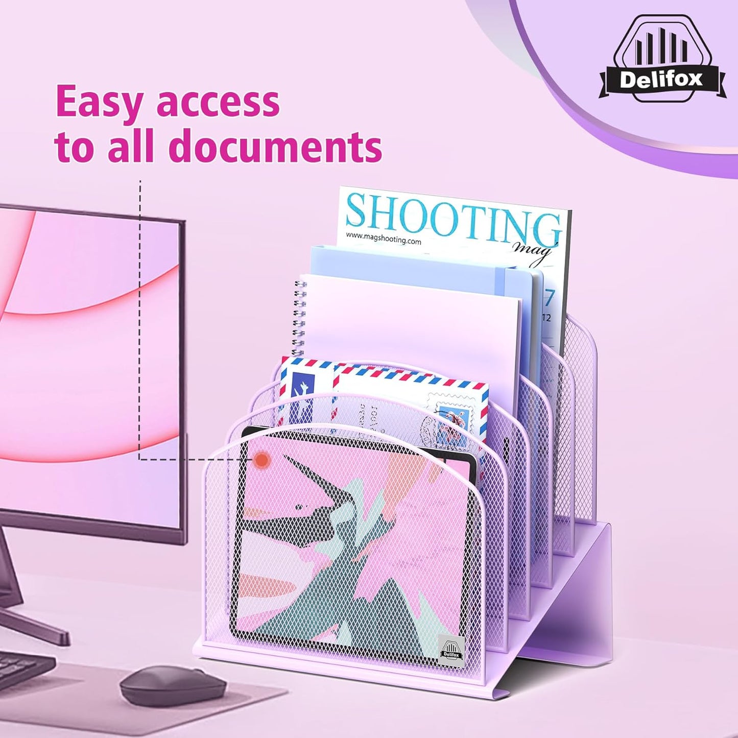 Inclined Desk File Organizer, 5-Section Vertical File Folder Holder Stand Metal Rack File Sorter for Office Classroom Desktop Organization (Purple, 1Pack)