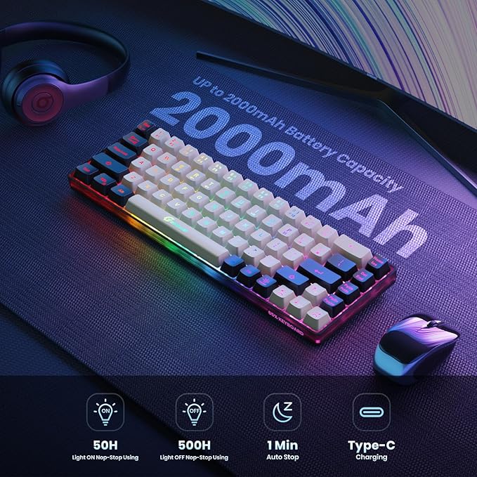 65% Wireless Gaming Keyboard: LED Backlit, 68 Keys, Ultra-Compact, Anti-ghosting, No-Conflict Wireless Keyboard for PC Laptop Windows Gamer(White-Black)
