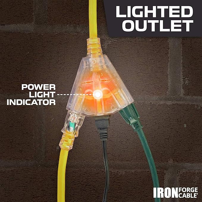 Iron Forge Cable 50 Foot Lighted Outdoor Extension Cord with 3 Electrical Power Outlets - 12/3 SJTW Heavy Duty Yellow Extension Cable with 3 Prong Grounded Plug for Safety, 15 AMP