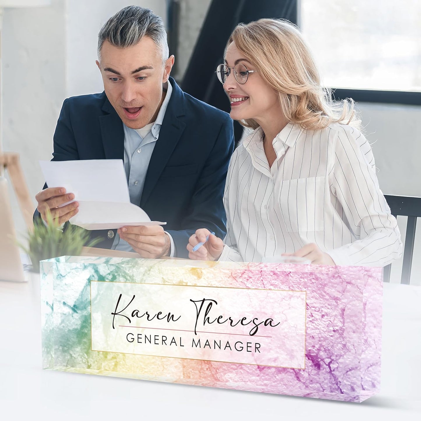 Custom Office Name Plate, Personalized Gifts for Women & Men, Appreciation Gifts for Employees, Boss, Teacher - Rainbow Texture Desk Accessory