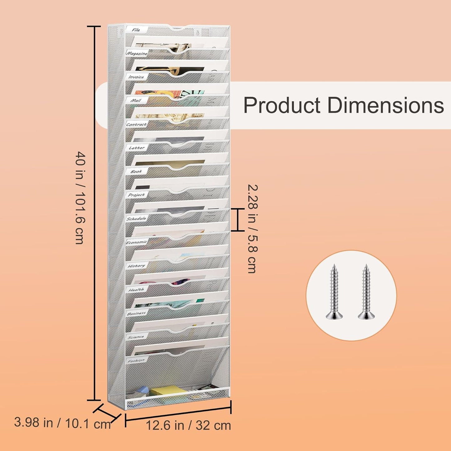 16 Tier Hanging Wall File Holder, Metal A4 Wall Mounted Document Holder, Vertical Hanging Mail Organizer, Magazine Storage Rack with Tray for Office Home Classroom, White