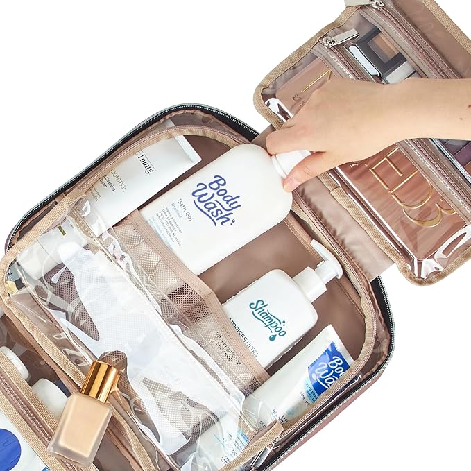 NISHEL Travel Toiletry Bag for women, Portable Hanging Organizer for Full-Sized Shampoo, Conditioner, Brushes Set, Makeup Accessories, Large Size, Rosewood-Pink