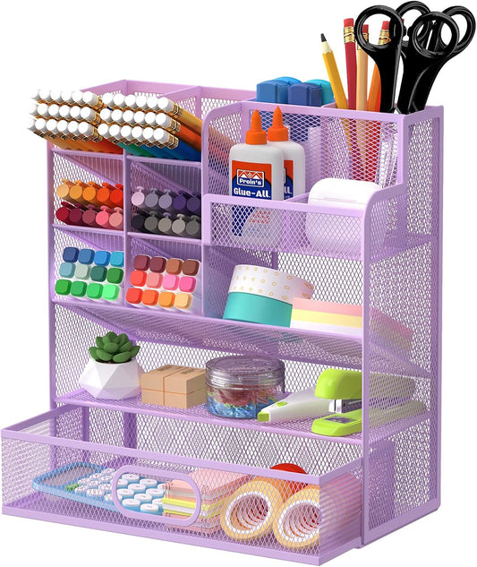 Mesh Pen Organizer for Desk, Multi-Functional Pencil Holder with Drawer Desk Organizers, Large Capacity Storage for School Office Home Supplies (Purple)