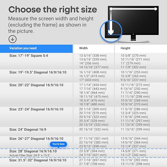 VINTEZ Blue Light Screen Protector for 28 Inch Computer Monitor and Laptop – Anti-UV Blue Light Blocking Film for Desktop PC, Eye Protection Filter, 24.9" x 15.5", 1 Pack