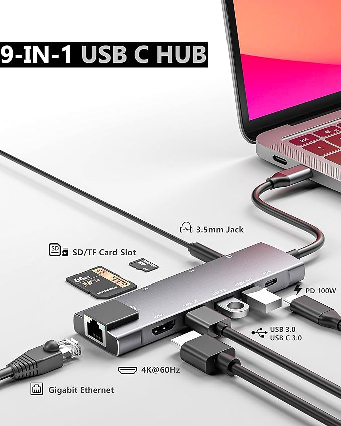 USB C Hub 9 in 1 Multiport Adapter w/Gigabit Ethernet,100W PD,4K@60Hz,2 USB 3.0,USB C 3.0 Data,SD/TF Card Reader,3.5mm Jack,Dongle Docking Station for MacBook iPad Pro iPhone 15 Steam Deck/Rog Ally