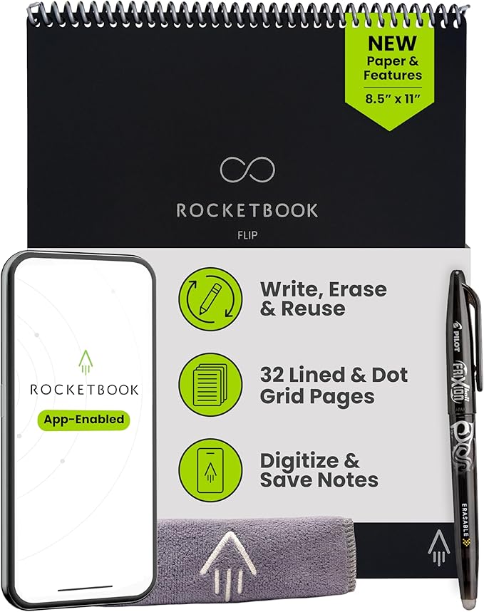 Rocketbook Flip Reusable Smart Notepad, Top Bound Spiral Notebook Lined and Dotted Pages Letter Size 8.5x11, Premium, Black (Pack of 1)