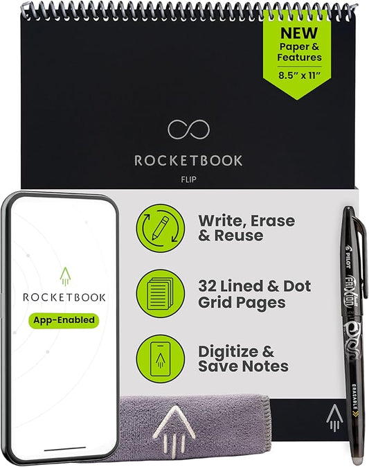 Rocketbook Flip Reusable Smart Notepad, Top Bound Spiral Notebook Lined and Dotted Pages Letter Size 8.5x11, Premium, Black (Pack of 1)