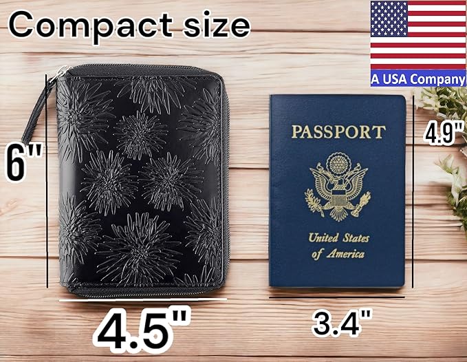 Passport Wallet - Travel Document Holder w/RFID Blocking – Full Grain Leather – Bifold compact zip around Wallet with Credit Card Slots for Women and Men,500-80
