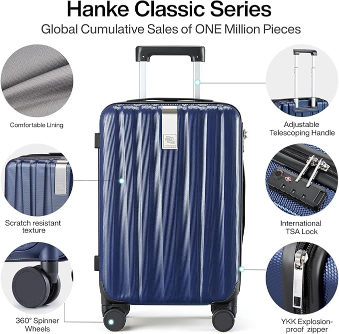Hanke Luggage Sets 3 piece Carry On Luggage with Wheels PC Hard Shell Suitcases Lightweight Checked Travel Luggage Large Travel Suitcase Woman Men 20/24/29 Inch(Dark Blue)