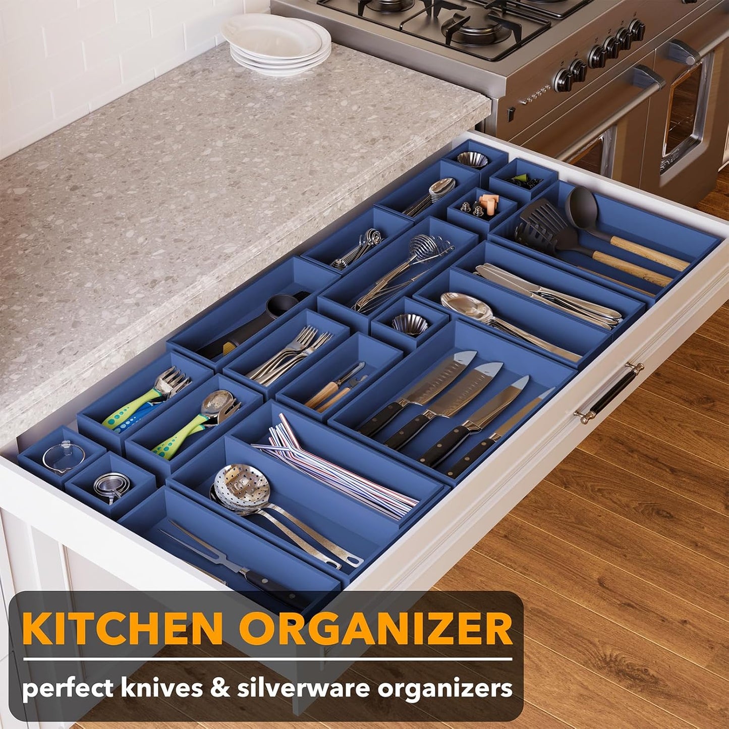 SpaceAid 21-Piece Bamboo Drawer Organizer Storage Boxes Set, Wood Tray Junk Drawer Organizers Multi-Use Divider Bins for Kitchen, Bathroom, Office Desk and Makeup Organization (21 Pack, Navy Blue)