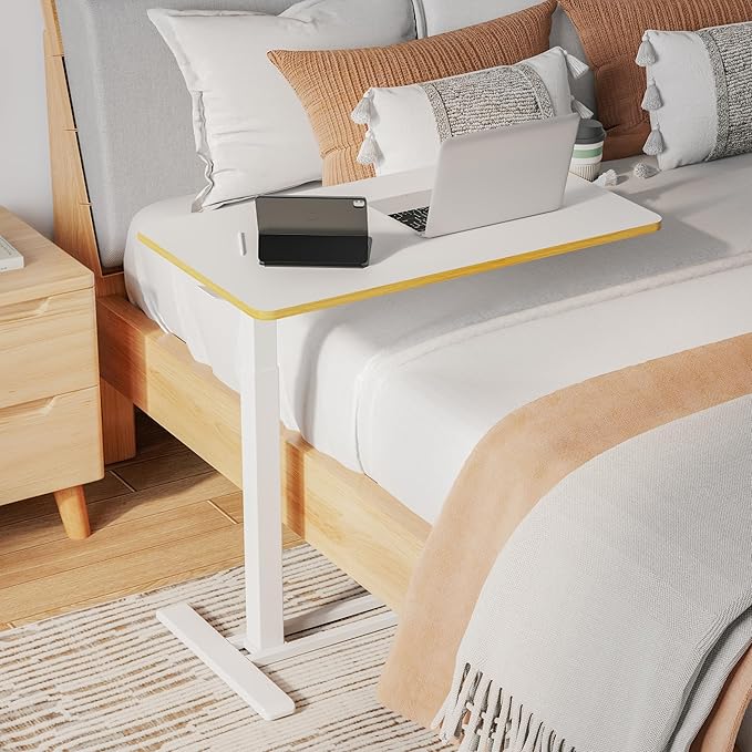SANODESK Medical Adjustable Overbed Bedside Table with Hidden Casters, Pneumatic Mobile Laptop Computer Standing Desk Cart Overbed Table with Tray, Hospital and Home Use(27.6" W x 15.7" D, White)