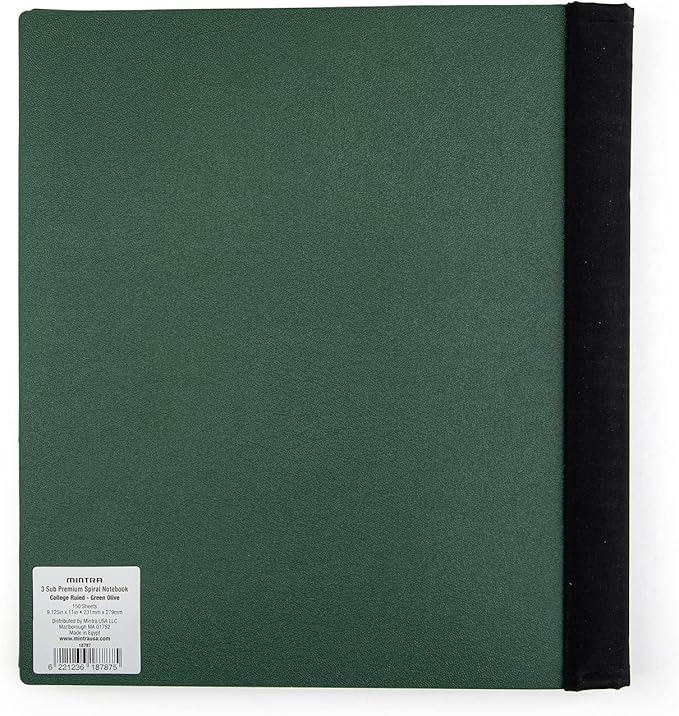 Mintra Office Durable PREMIUM Spiral Notebook (Green Olive, 3 Subject (8.5in x 11in))