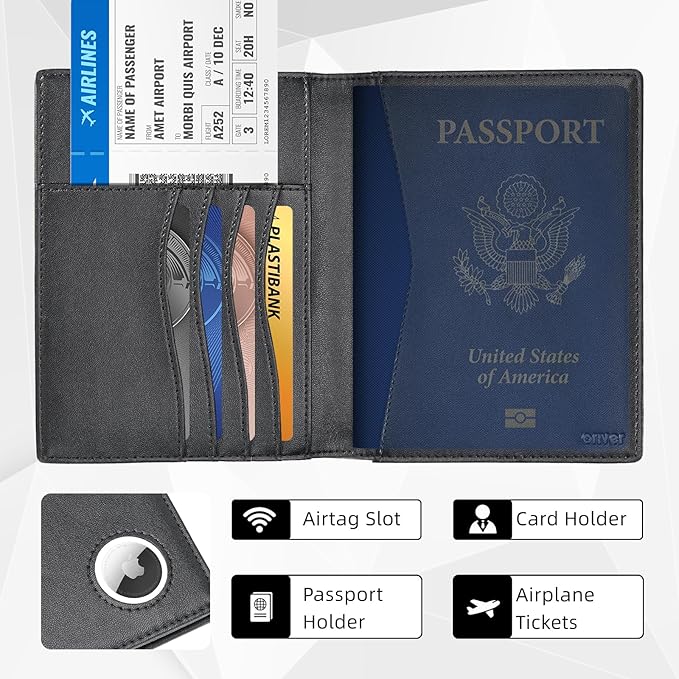 Passport Wallet With Airtag for Travel, Leather Passport Holder for Men and Women, RFID Blocking Bifold Passport Cover With Credit Card Holder (Black)