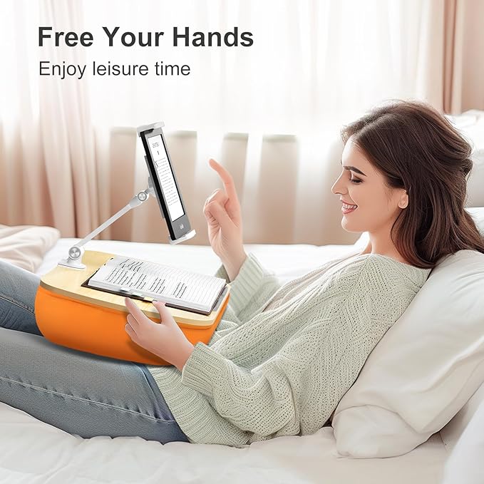 Cozy Kindle Pillow Stand with 360° Adjustable Tablet Holder, Wooden Panel, iPad Stand for Hands Free Reading in Bed, Couch, Sofa, Compatible with 4.7"-13" Kindle, iPad, Phone, up to 14"Laptop