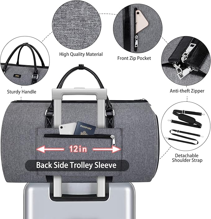 4pcs Convertible Garment Duffel Bag for Travel - 50L 2-in-1 Carry On Weekender Overnight Bag with Toiletry Bag, Fits Suits & Dresses, Trolley Sleeve, Hanging Suit Compartment, Waterproof Shoe Pocket