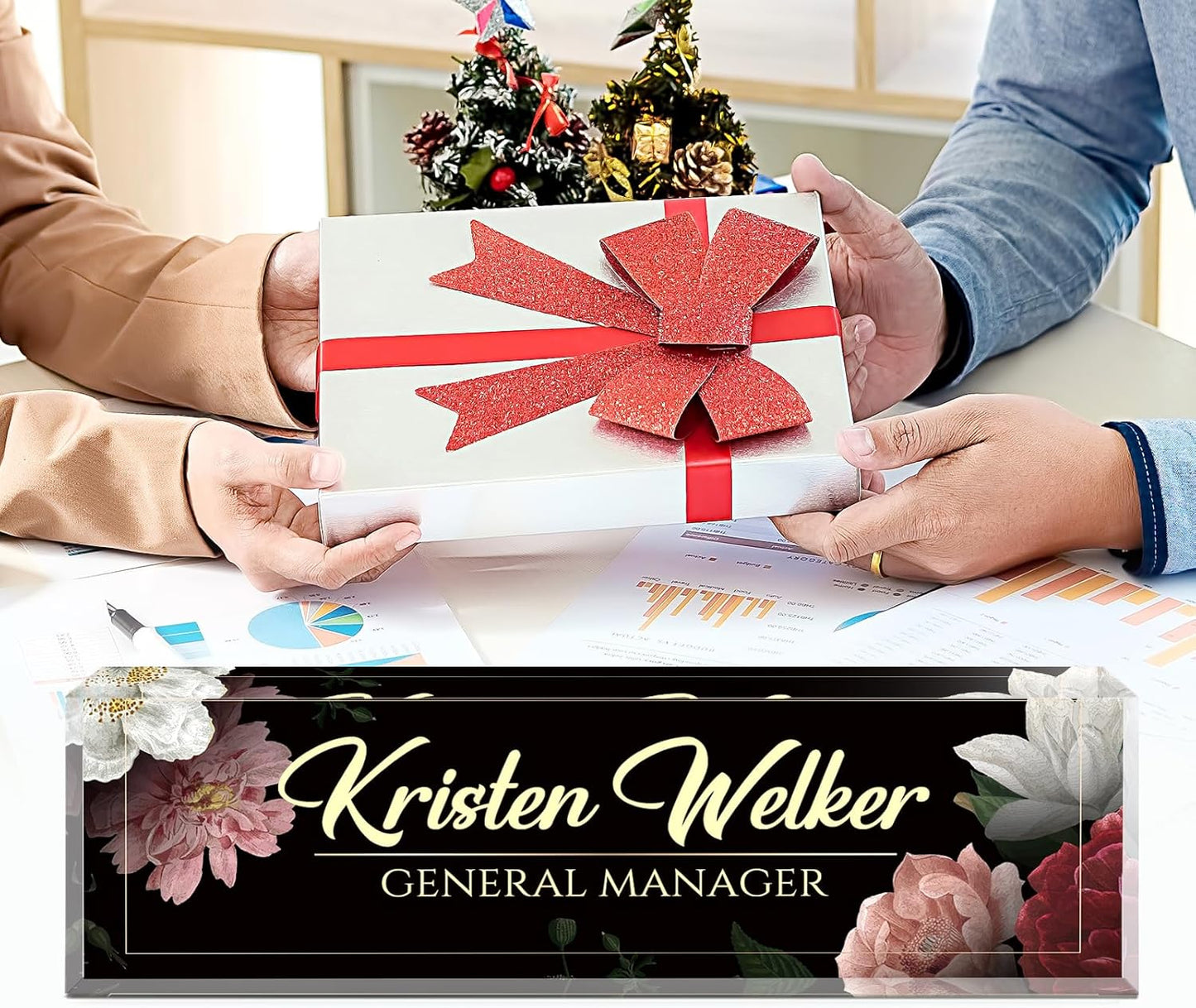 Name Plate for Desk, Desk Name Plate Personalized, Office Decor for Women Men, Acrylic Desktop Accessories, Office Appreciation Gifts for Boss Social Workers Nurse Teacher Employee (Black/Flowers)