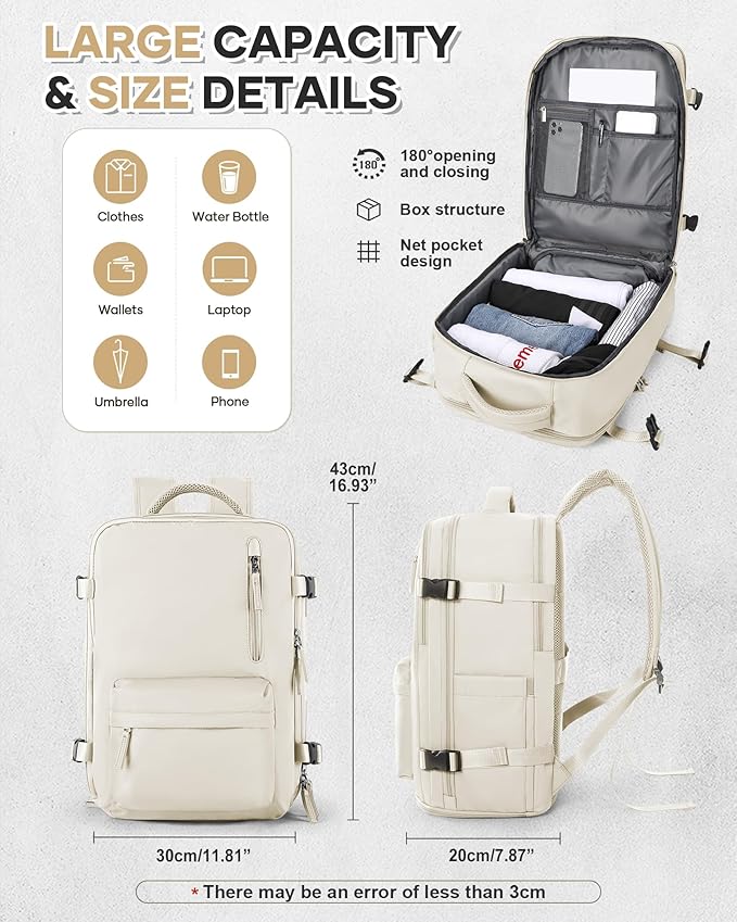Carry On Backpack for Women, Airline Approved Large Travel Backpack Flight Approved, Waterproof 14 Inch Laptop Backpack Business Work Backpacks Bag Men Beige Mochila De Viaje