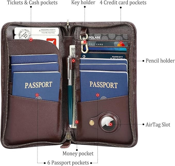 Polare Full Grain Leather Family Travel Passport Wallet and Documents Organizer RFID Blocking Case Holder Fits 6 Passports for Men and Women