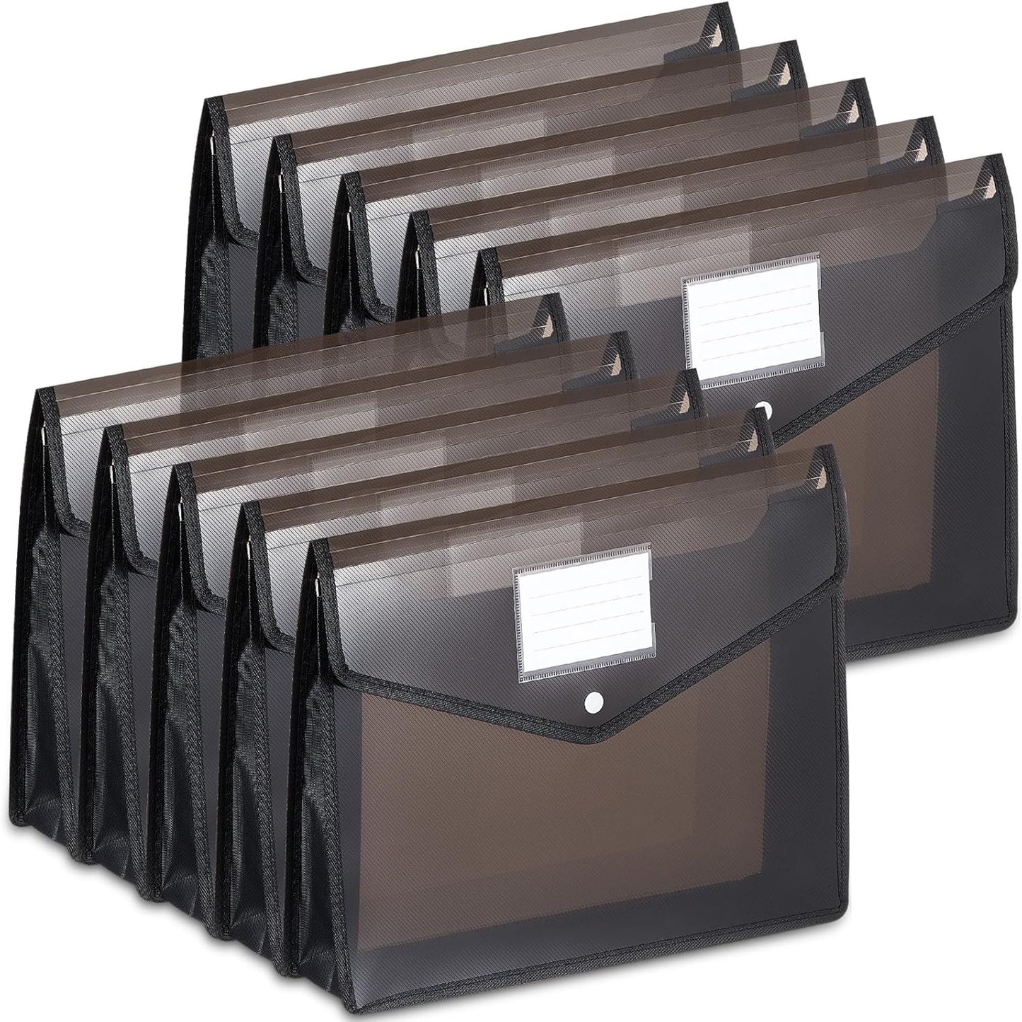 10 Pieces Plastic File Folders Envelope Expanding File Wallet Organizer Documents Folder with Snap Closure and Pocket B4 Waterproof Transparent Pouch for School Office (Black,Horizontal)