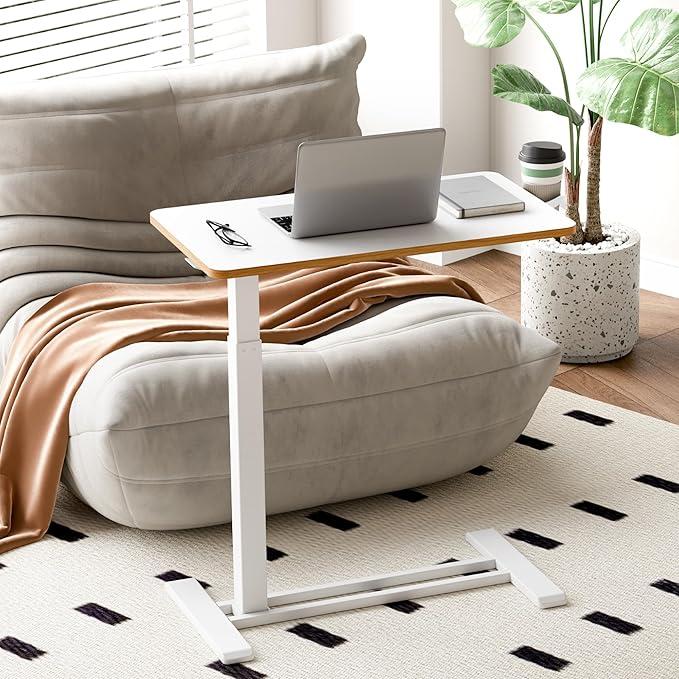 SANODESK Medical Adjustable Overbed Bedside Table with Hidden Casters, Pneumatic Mobile Laptop Computer Standing Desk Cart Overbed Table with Tray, Hospital and Home Use(27.6" W x 15.7" D, White)