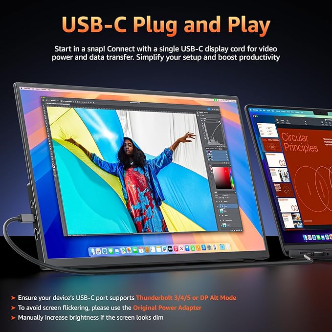 Portable Monitor 18.5 inch 1080P FHD 128% sRGB 100Hz, Travel Monitor for Laptop MacBook Surface PC Xbox PS5, HDMI Dual USB-C VESA Compatible Built-in Speaker, with Kickstand