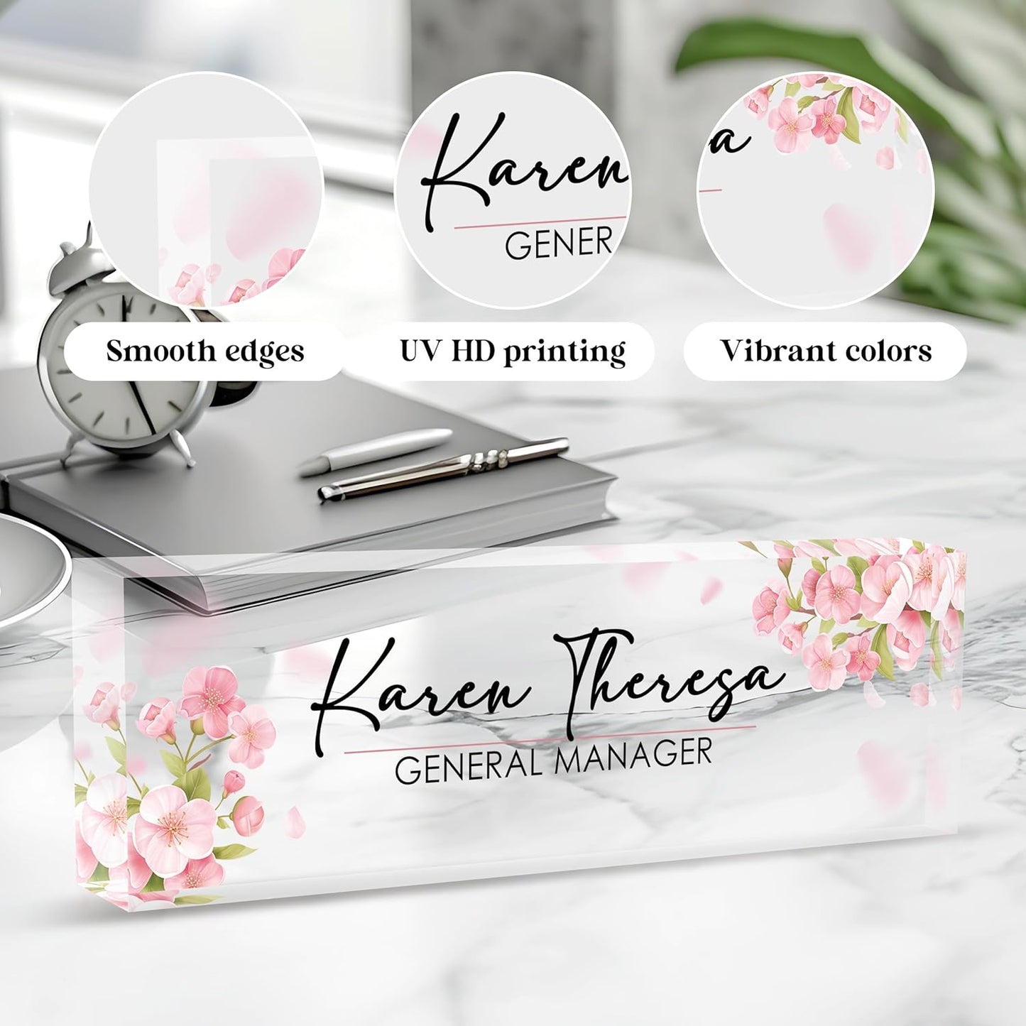 Custom Office Name Plate, Personalized Gifts for Women & Men, Appreciation Gifts for Employees, Office Desk Accessory (Pink Flower)