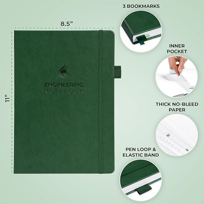 Clever Fox Engineering Notebook – Hardcover Grid Notebook with Numbered Pages, Table of Contents – Patent, Lab & Invention Journal for Engineers & STEM (Dark Green)