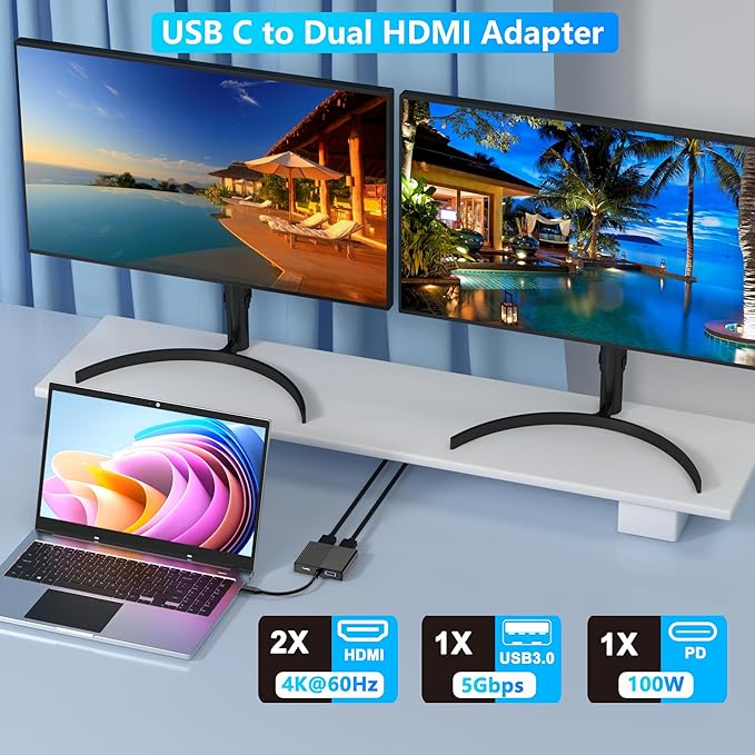 HDMI Splitter for Dual Monitors, 4K@60Hz USB C to Dual HDMI Adapter for Dell/HP/Mac Laptops with PD, USB3.0, Double HDTV Adapter for 2 Monitors, HDTV Splitter Extended Display, USB-C Hub Multiport
