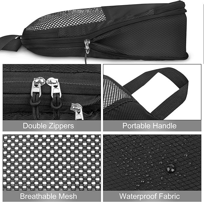 8 Set Compression Packing Cubes for Travel, Expandable Waterproof Travel Organizer, Lightweight Luggage Organizer with Shoes & Laundry Bags, Travel Accessories for Men Women, Black