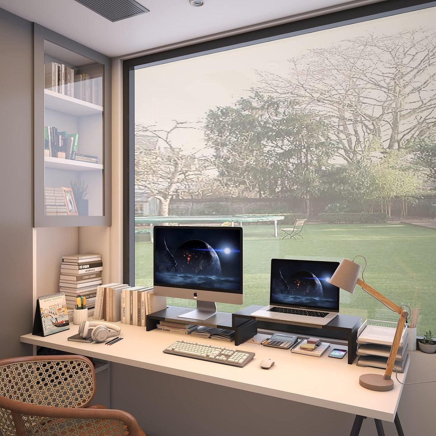 WESTREE Dual Monitor Stand Riser - 2 Shelf Computer Stand with Adjustable Length and Angle, Desktop Organizer for 2 Monitors